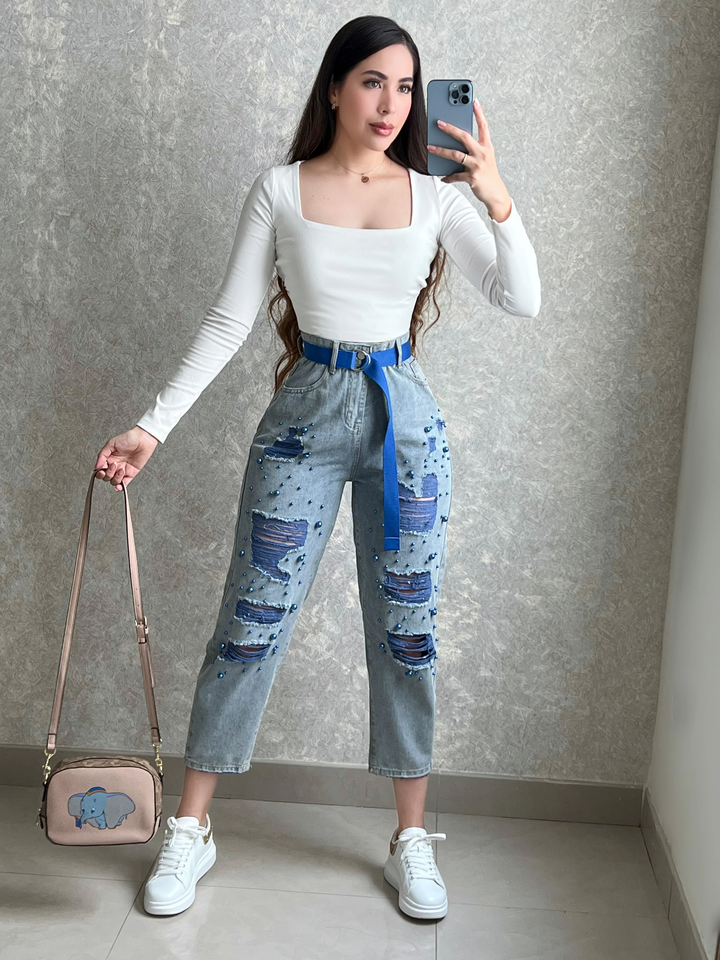 PANTALÓN DENIM PERLAS AZULES Y CINTURÓN