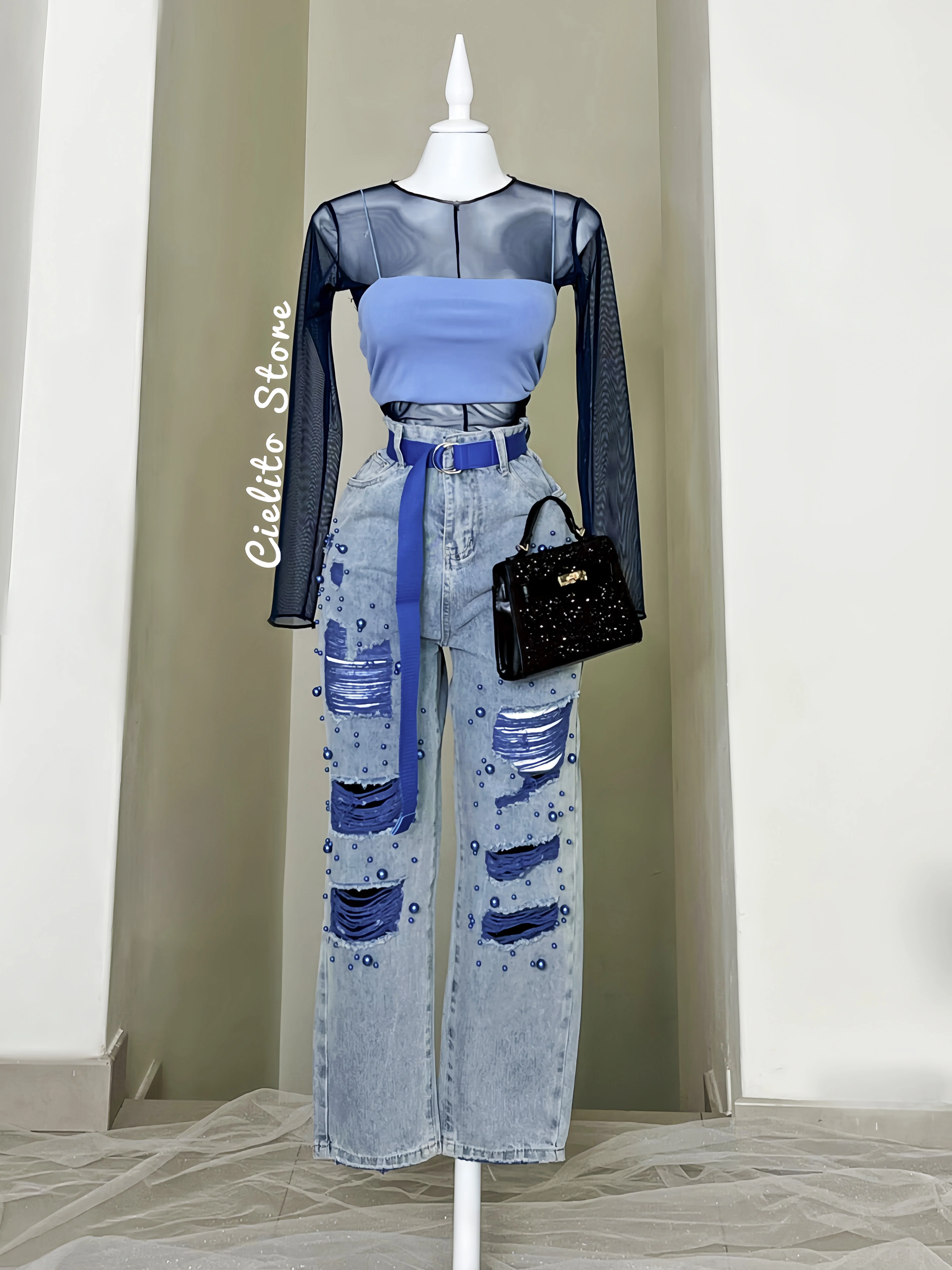PANTALÓN DENIM PERLAS AZULES Y CINTURÓN - Image 4