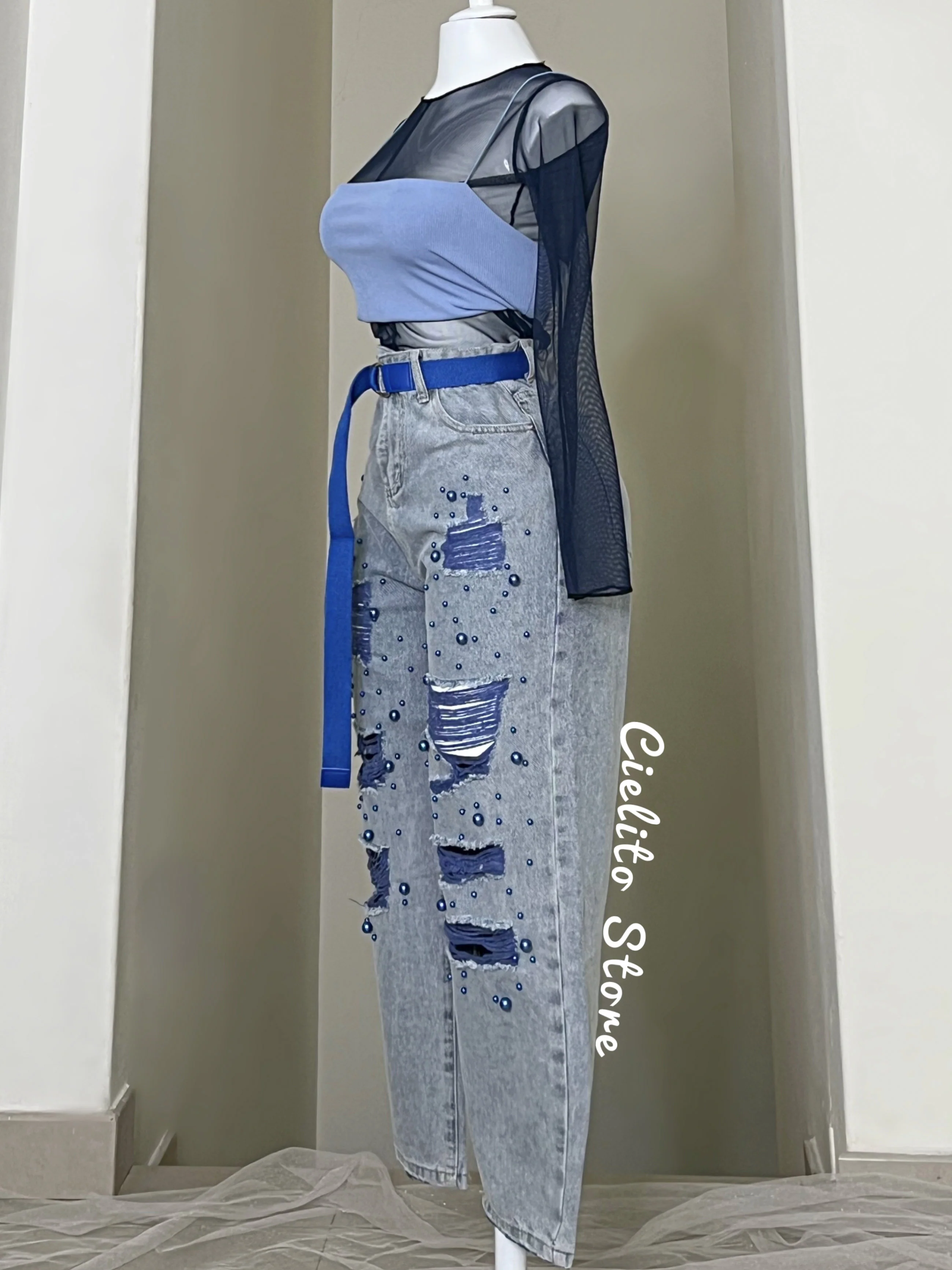 PANTALÓN DENIM PERLAS AZULES Y CINTURÓN - Image 5